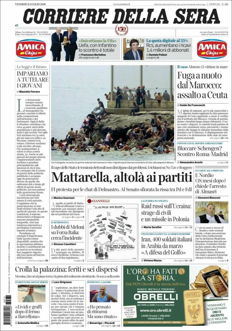 Portada de Corriere della Sera (Italia)