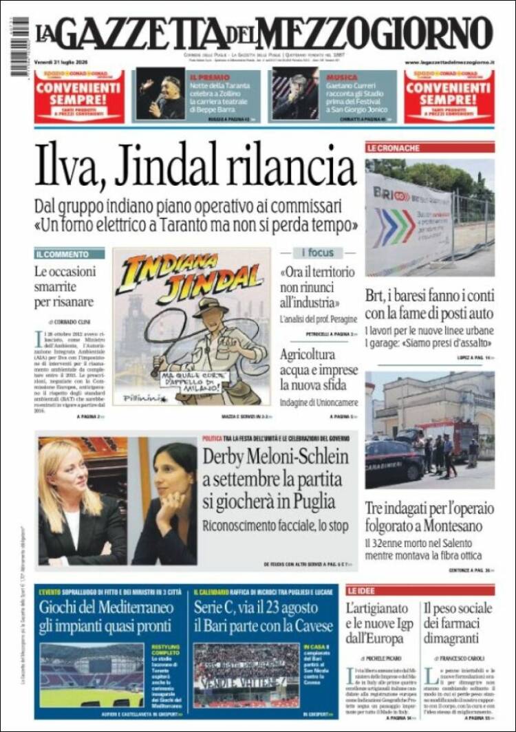 Portada de La Gazzetta del Mezzogiorno (Italia)