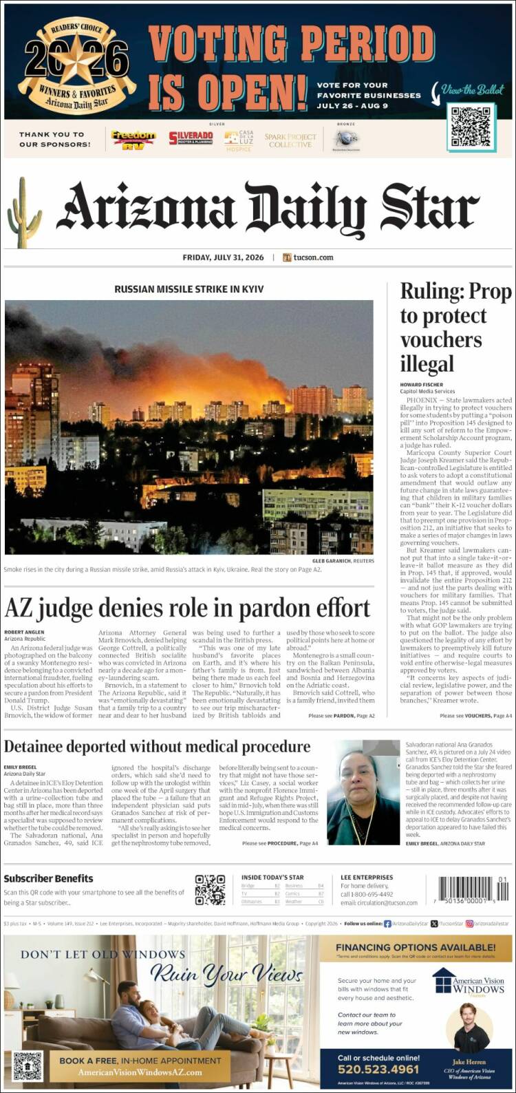 Portada de Arizona Daily Star (USA)