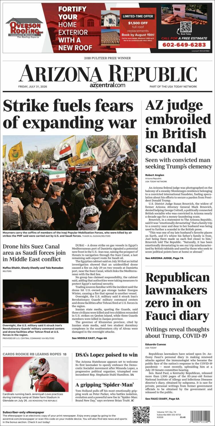 Portada de Arizona Republic News (USA)