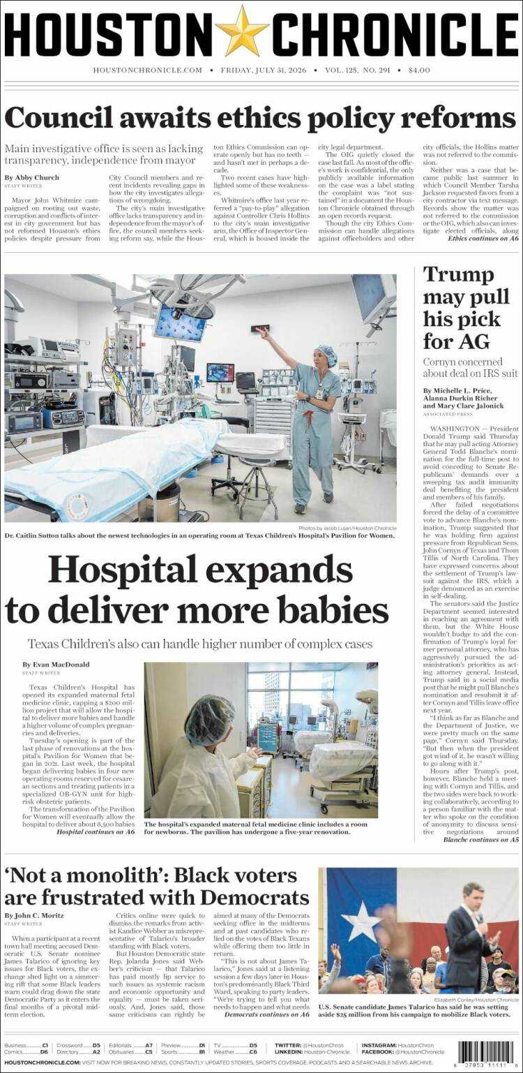 Portada de Houston Chronicle (USA)