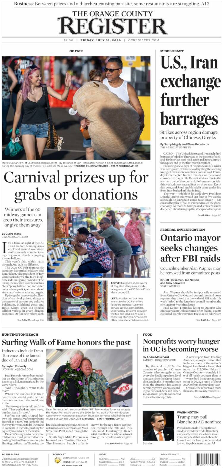 Portada de The Orange County Register (USA)