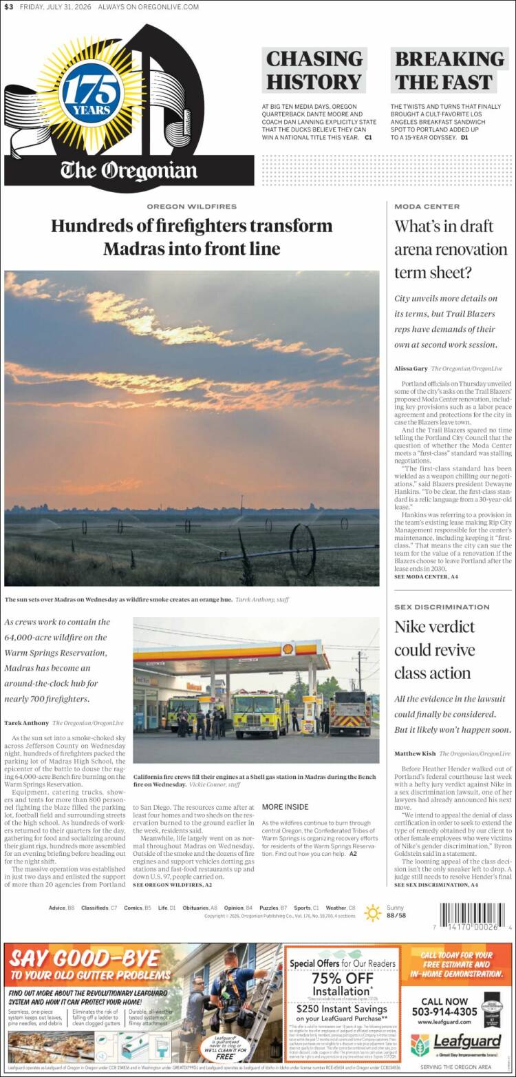 Portada de The Oregonian (USA)