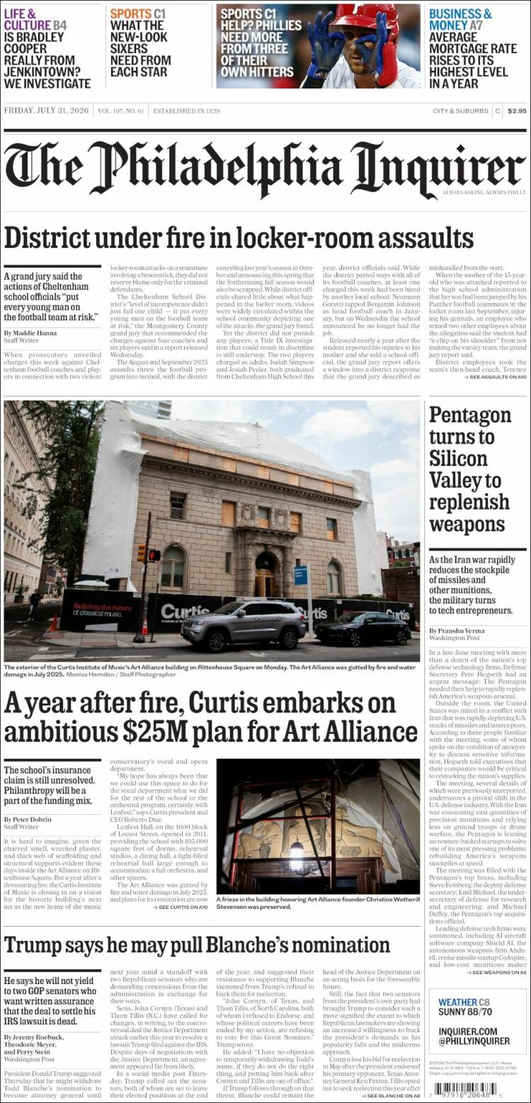 Portada de Philadelphia Inquirer (USA)