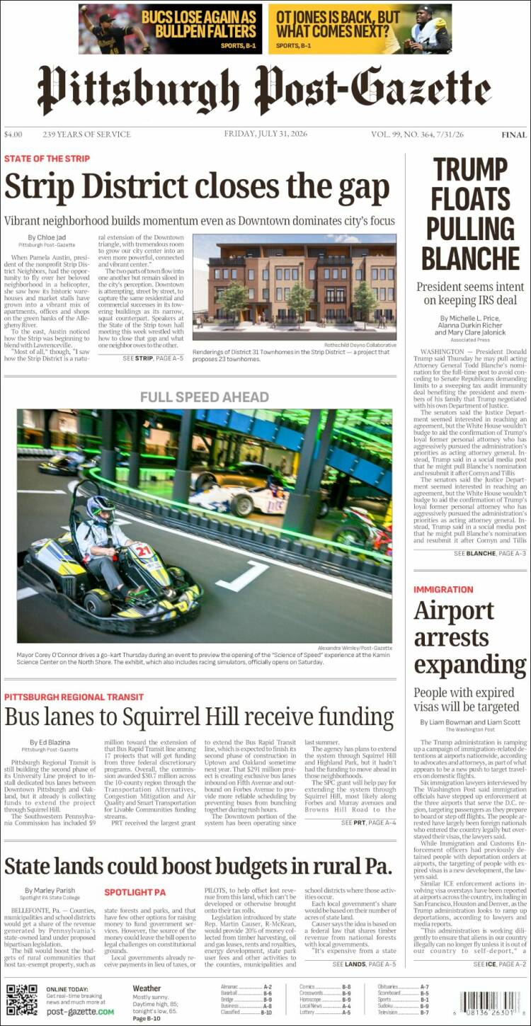 Portada de Pittsburgh Post-Gazette (USA)