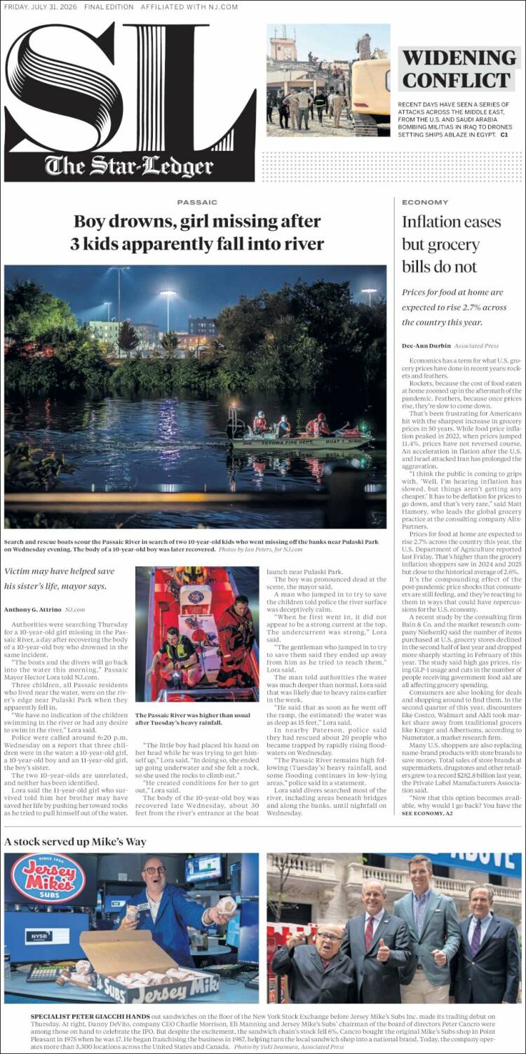 Portada de Star-Ledger (USA)