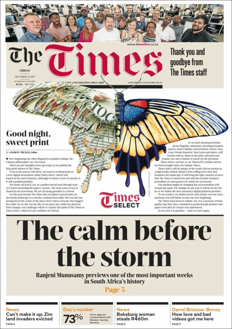 Portada de The Times (Sud&aacute;frica)