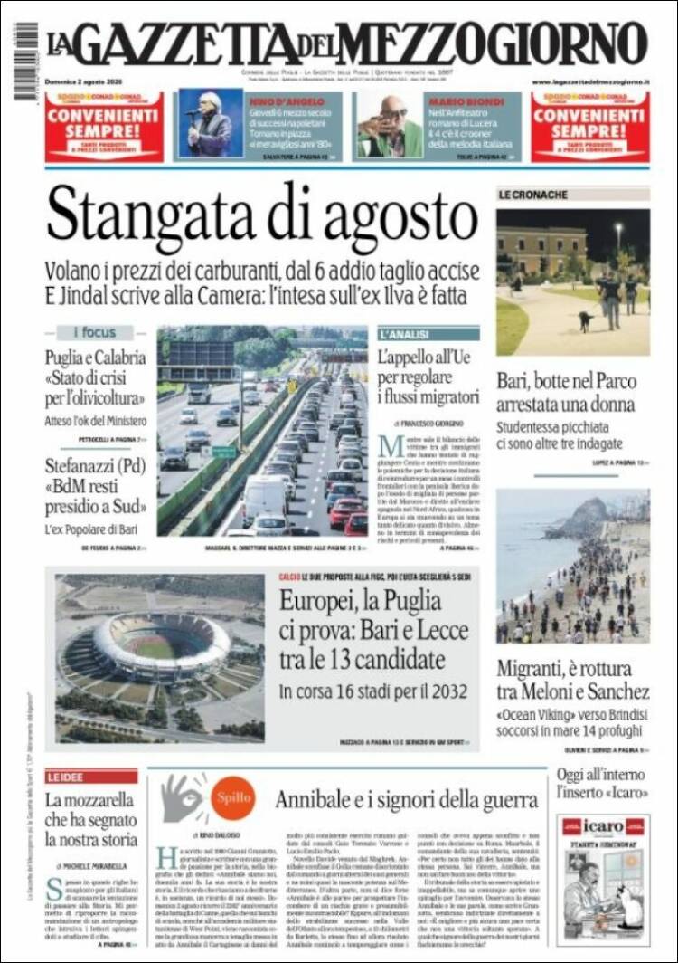 Portada de La Gazzetta del Mezzogiorno (Italia)