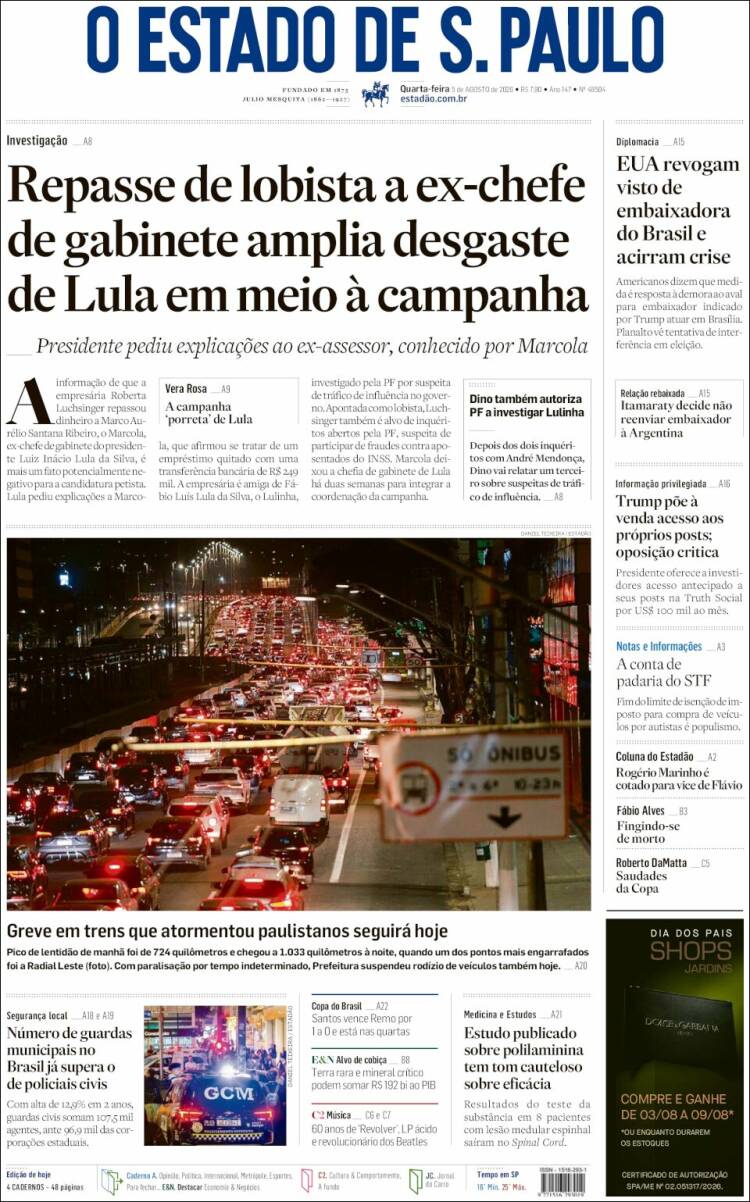 Portada de O Estado de São Paulo (Brasil)