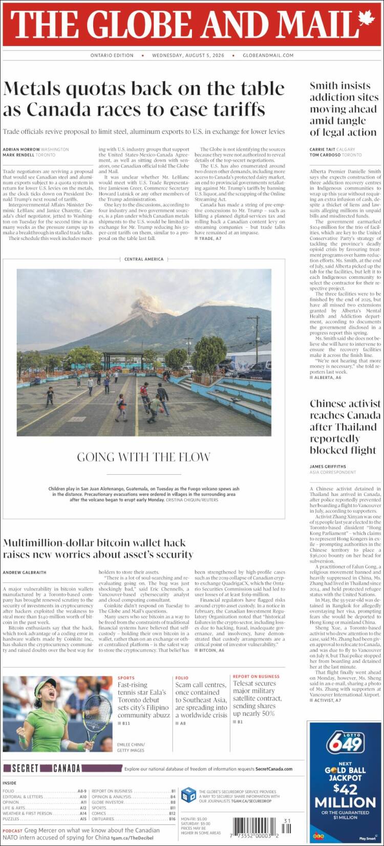 Portada de The Globe and Mail (Canad&aacute;)