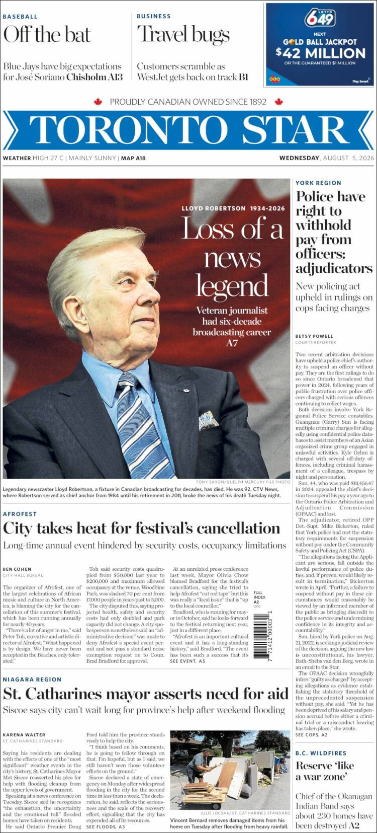Portada de The Toronto Star (Canad&aacute;)