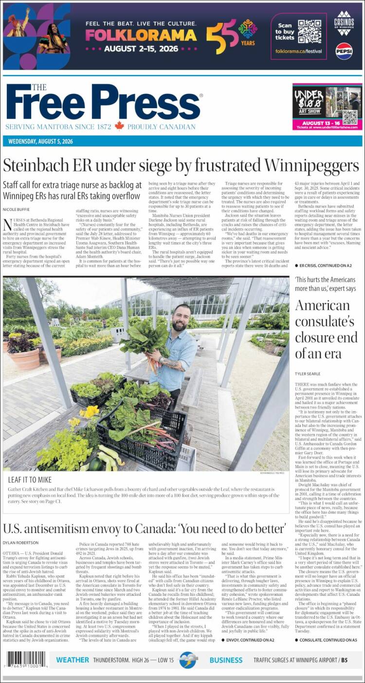Portada de Winnipeg Free Press (Canad&aacute;)