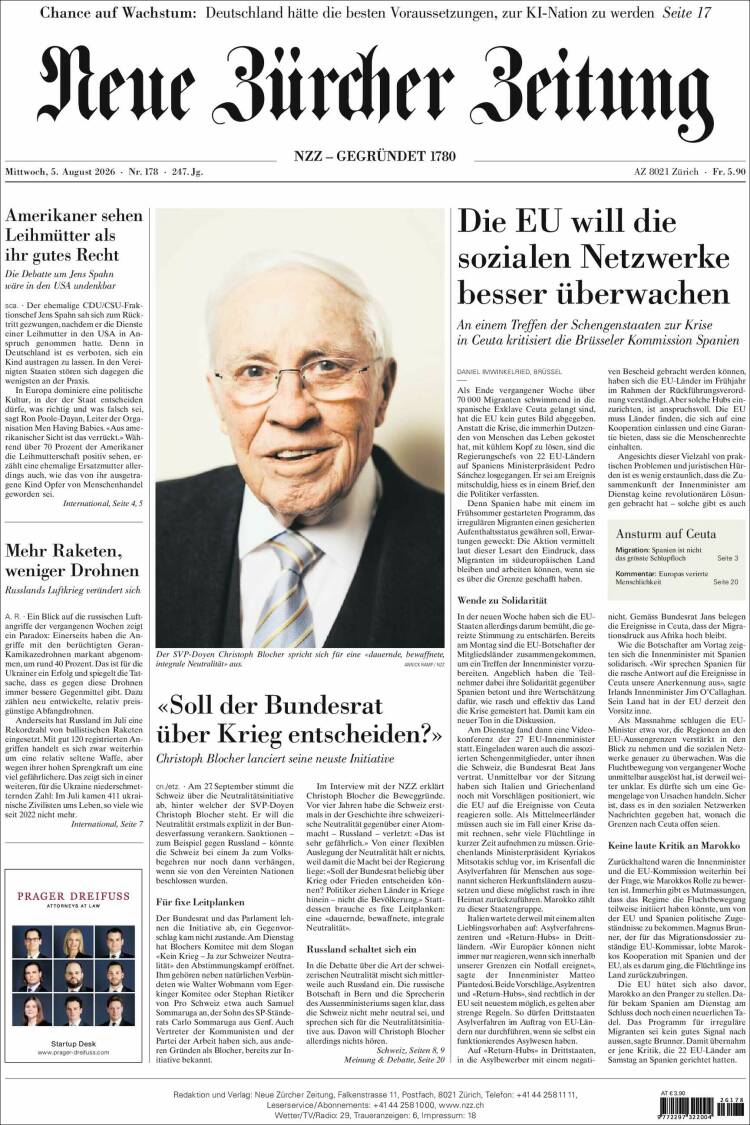 Portada de Neue Zürcher Zeitung (Suiza)