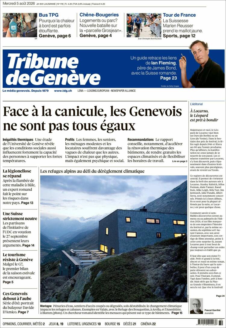 Portada de La Tribune de Genève (Suiza)