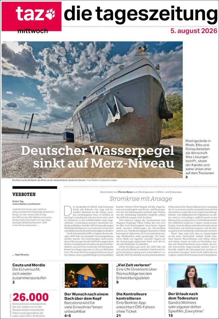 Portada de Die Tageszeitung (Alemania)