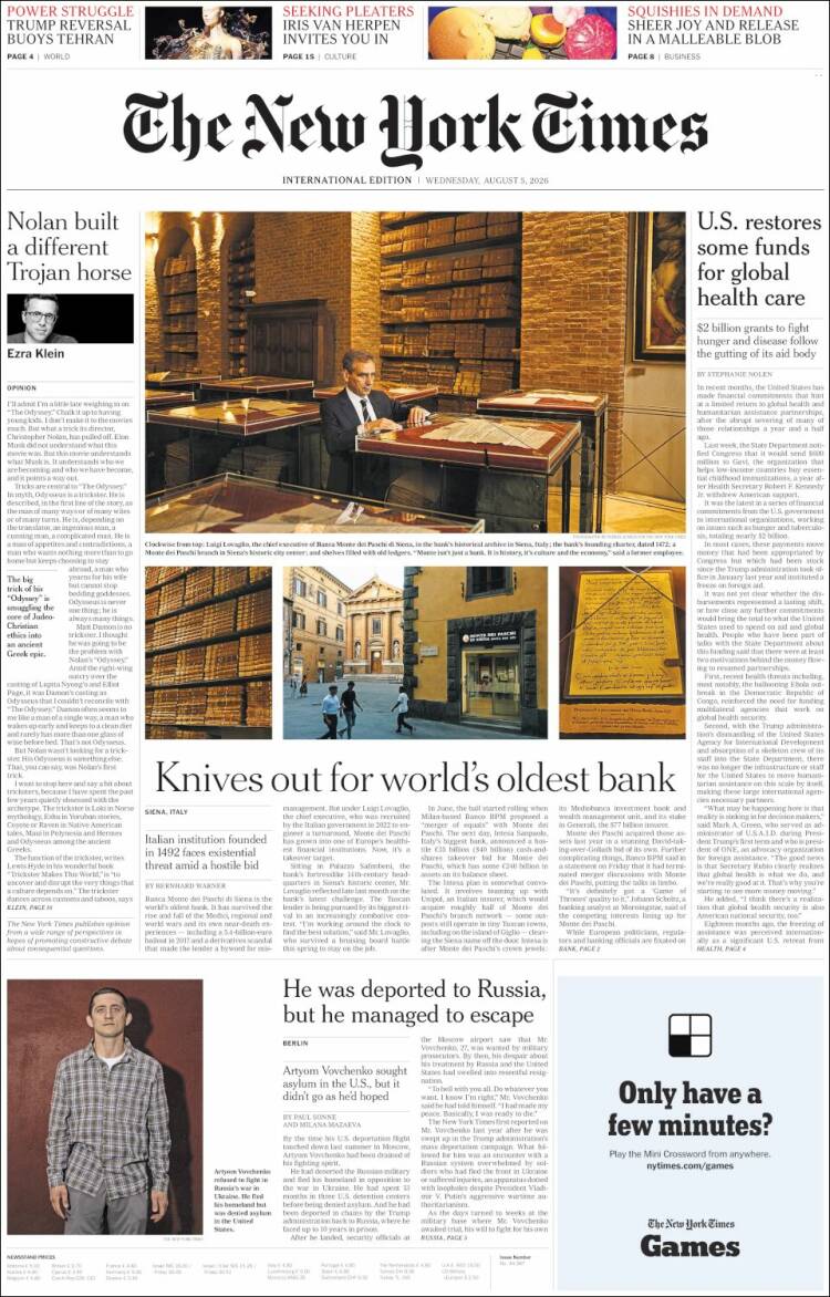 Portada de International New York Times (Europa)