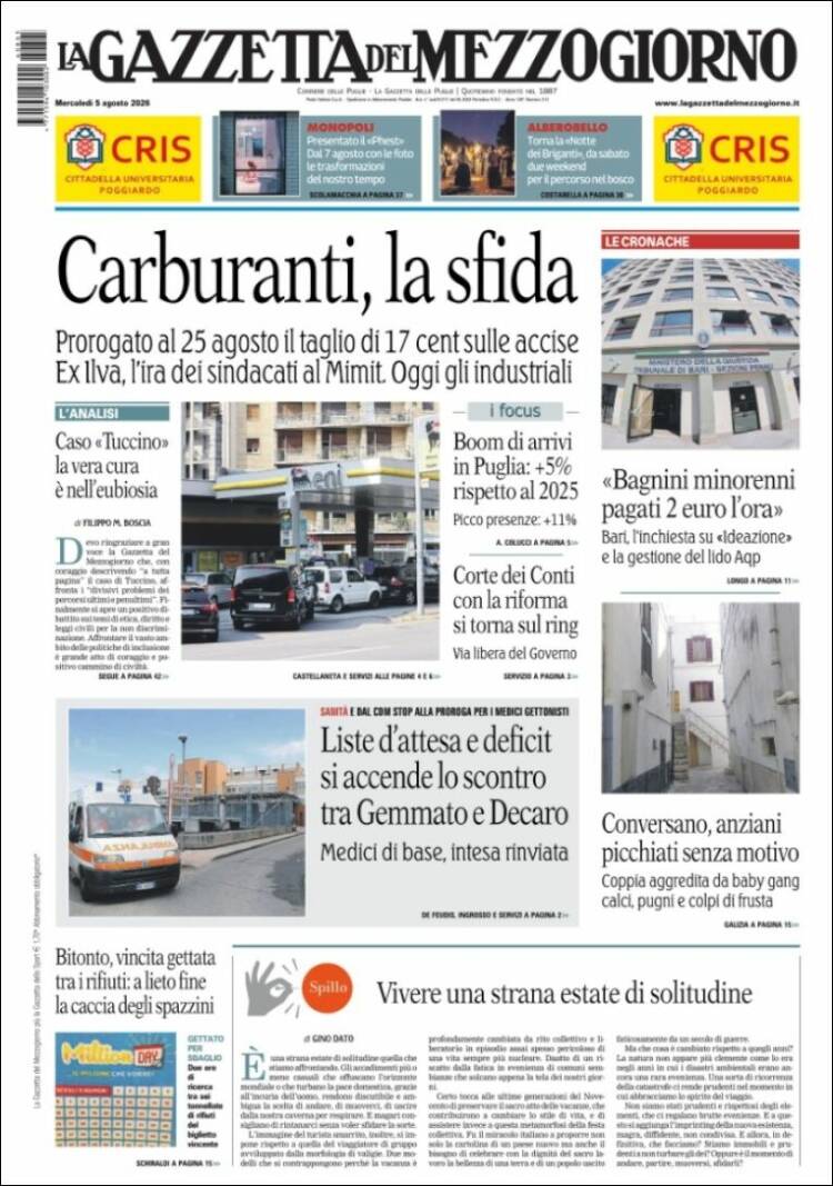 Portada de La Gazzetta del Mezzogiorno (Italia)