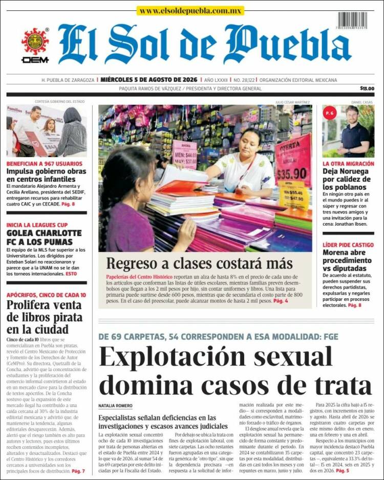 Portada de El Sol de Puebla (M&eacute;xico)