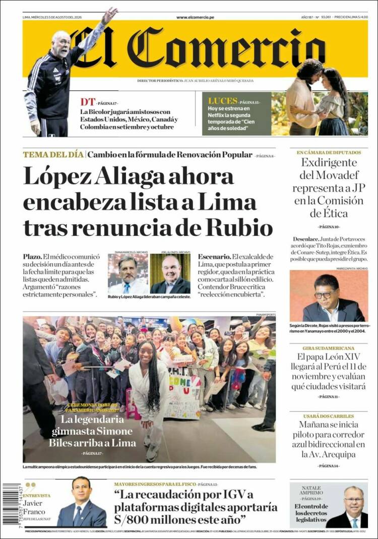Portada de El Comercio (Per&uacute;)