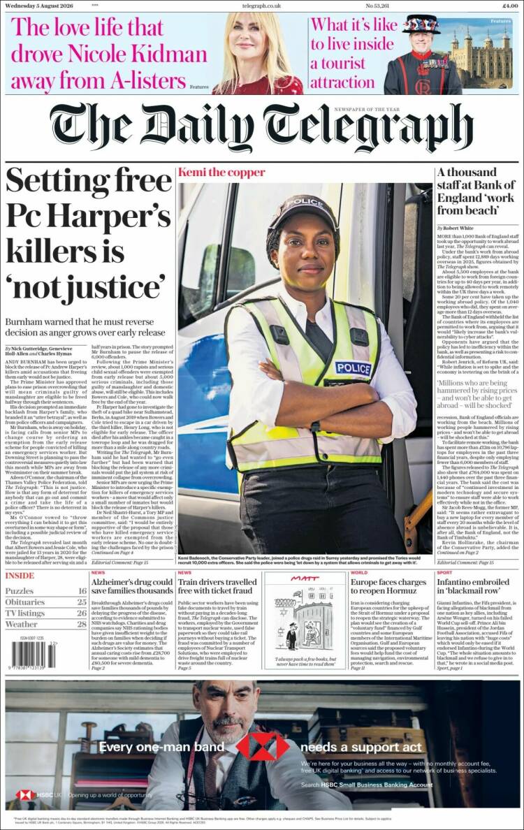 Portada de Daily Telegraph (Reino Unido)