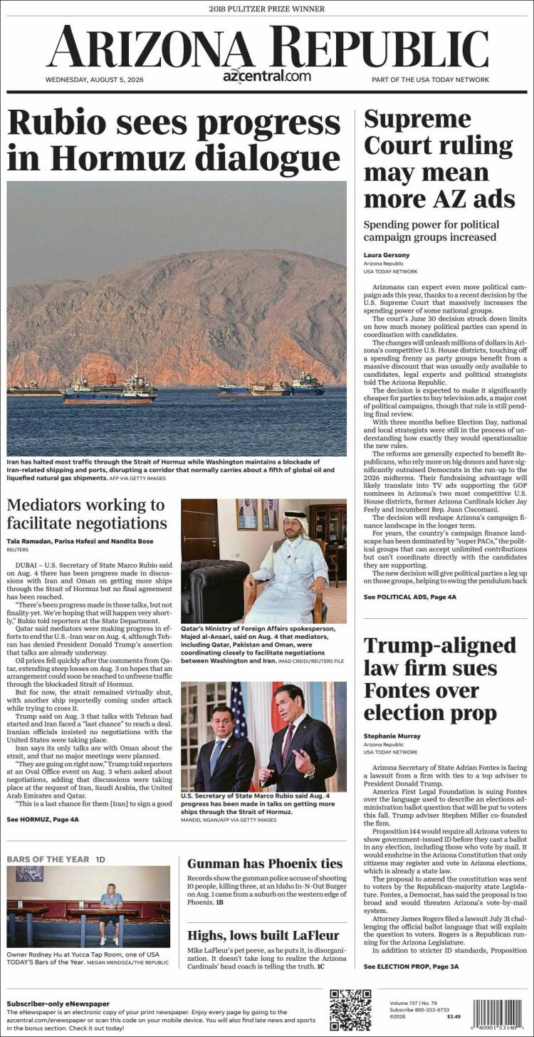 Portada de Arizona Republic News (USA)