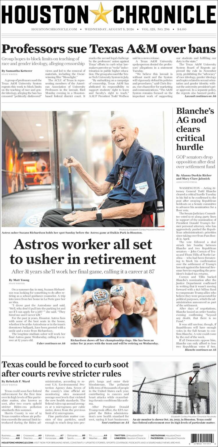 Portada de Houston Chronicle (USA)