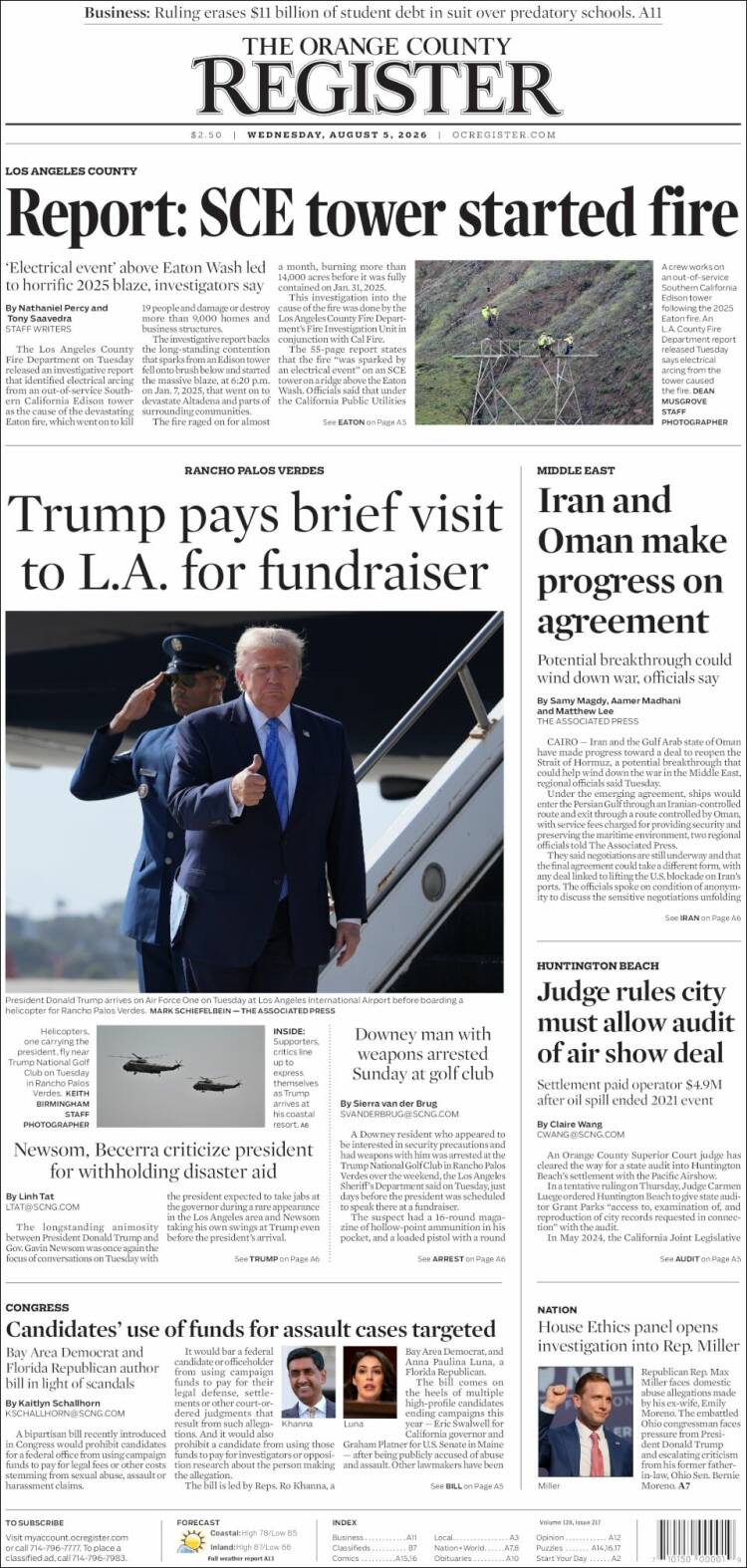 Portada de The Orange County Register (USA)