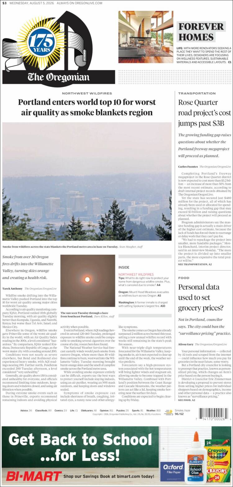 Portada de The Oregonian (USA)