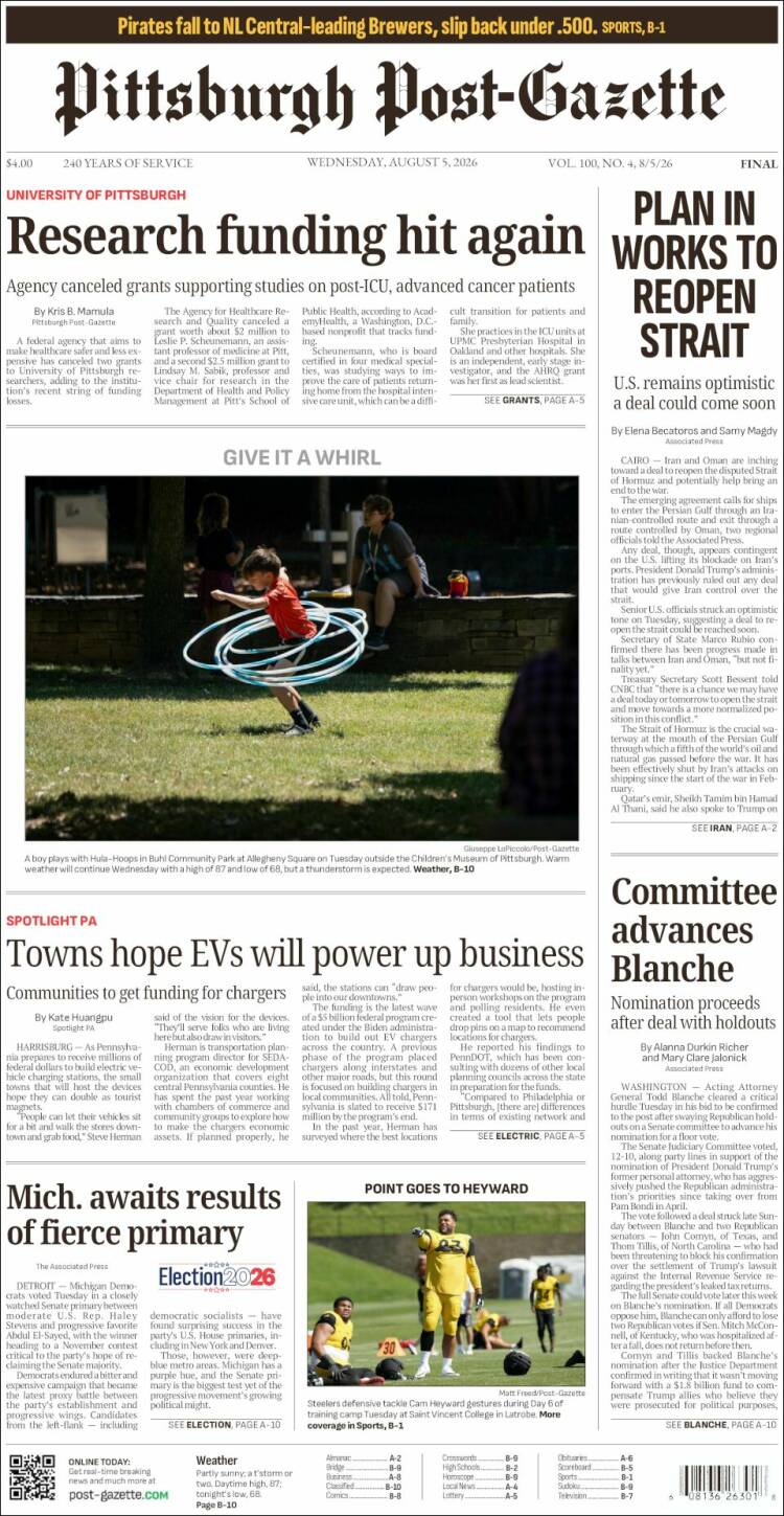 Portada de Pittsburgh Post-Gazette (USA)