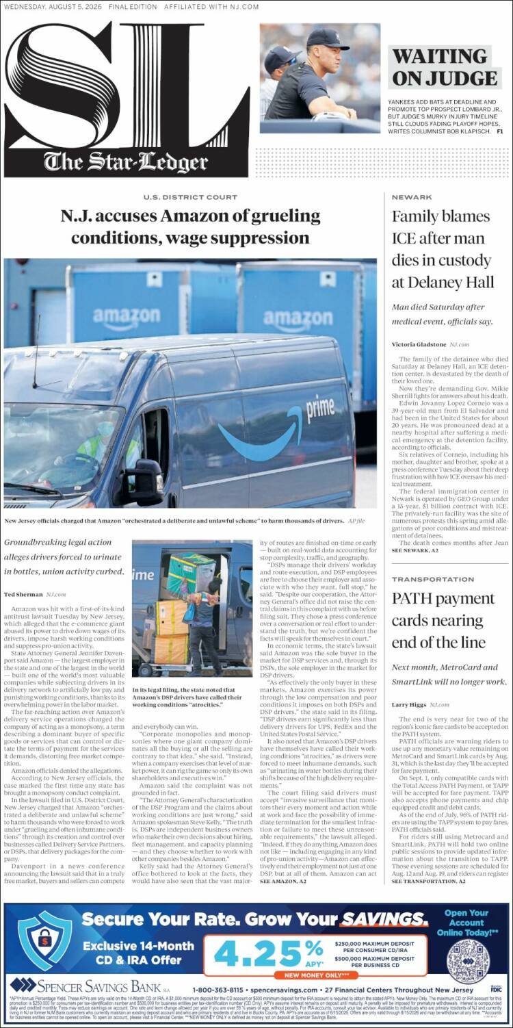Portada de Star-Ledger (USA)