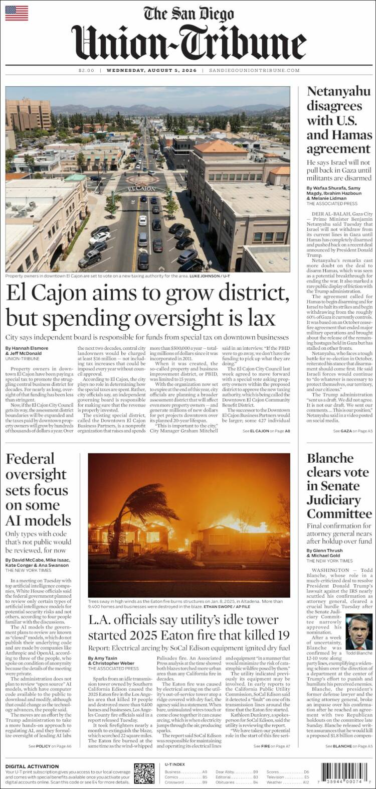 Portada de The San Diego Union-Tribune (USA)
