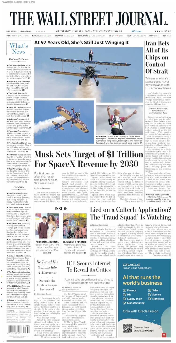 Portada de Wall Street Journal (USA)