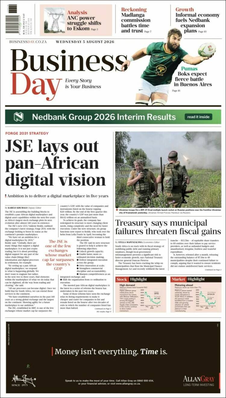 Portada de Business Day (Sud&aacute;frica)