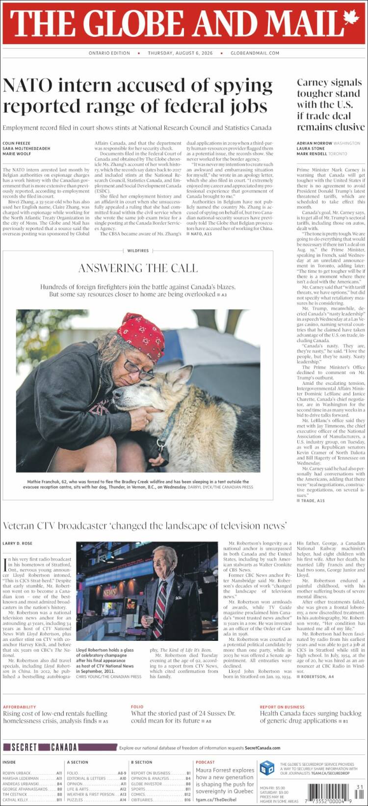 Portada de The Globe and Mail (Canada)