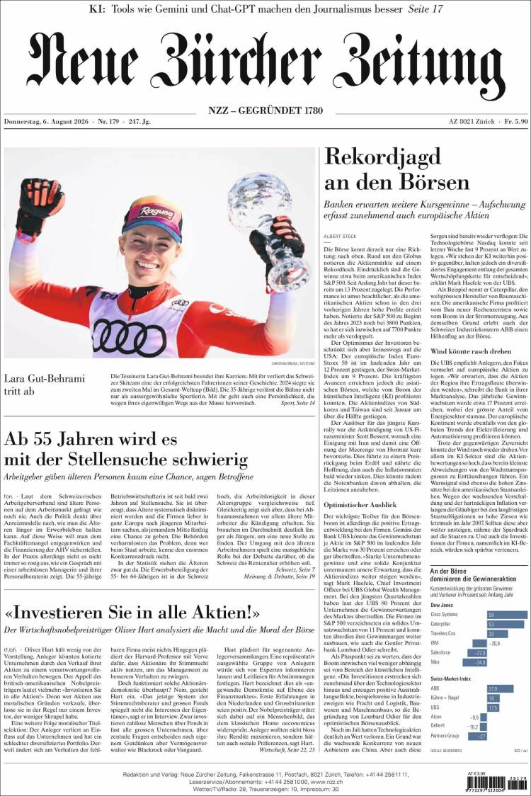 Portada de Neue Zürcher Zeitung (Suisse)