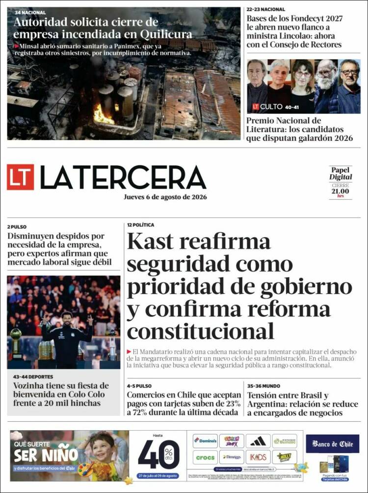 Portada de La Tercera (Chile)