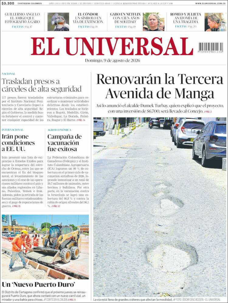 Portada de El Universal (Colombia)