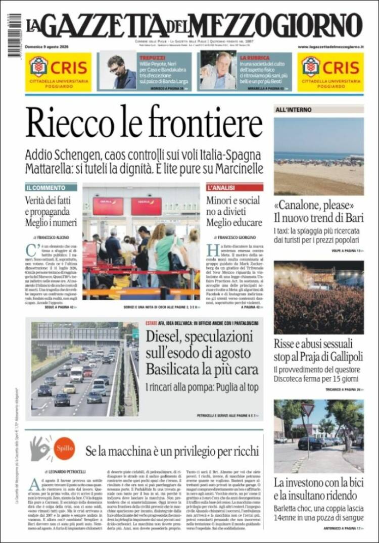 Portada de La Gazzetta del Mezzogiorno (Italia)