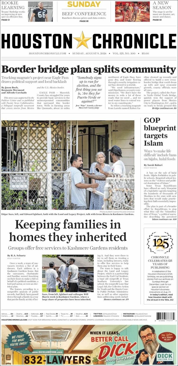 Portada de Houston Chronicle (USA)