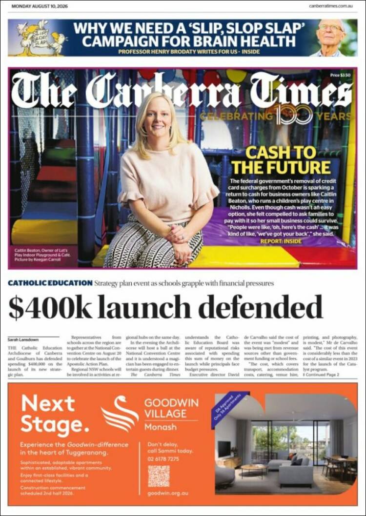 Portada de The Canberra Times (Australia)