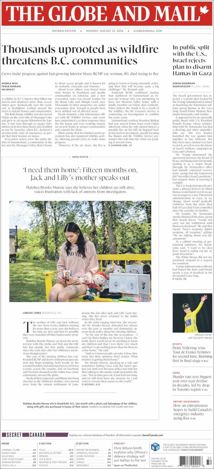 Portada de The Globe and Mail (Canad&aacute;)