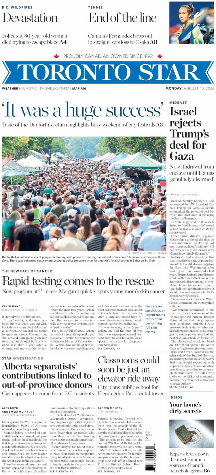 Portada de The Toronto Star (Canad&aacute;)
