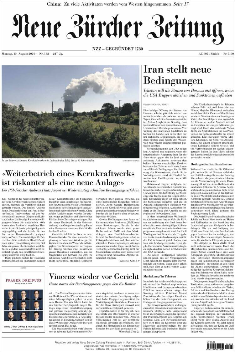 Portada de Neue Zürcher Zeitung (Suiza)