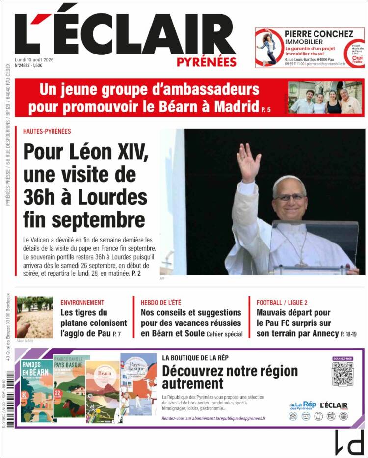 Portada de L'Eclair des Pyrénées (Francia)