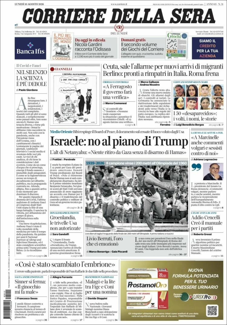 Portada de Corriere della Sera (Italia)