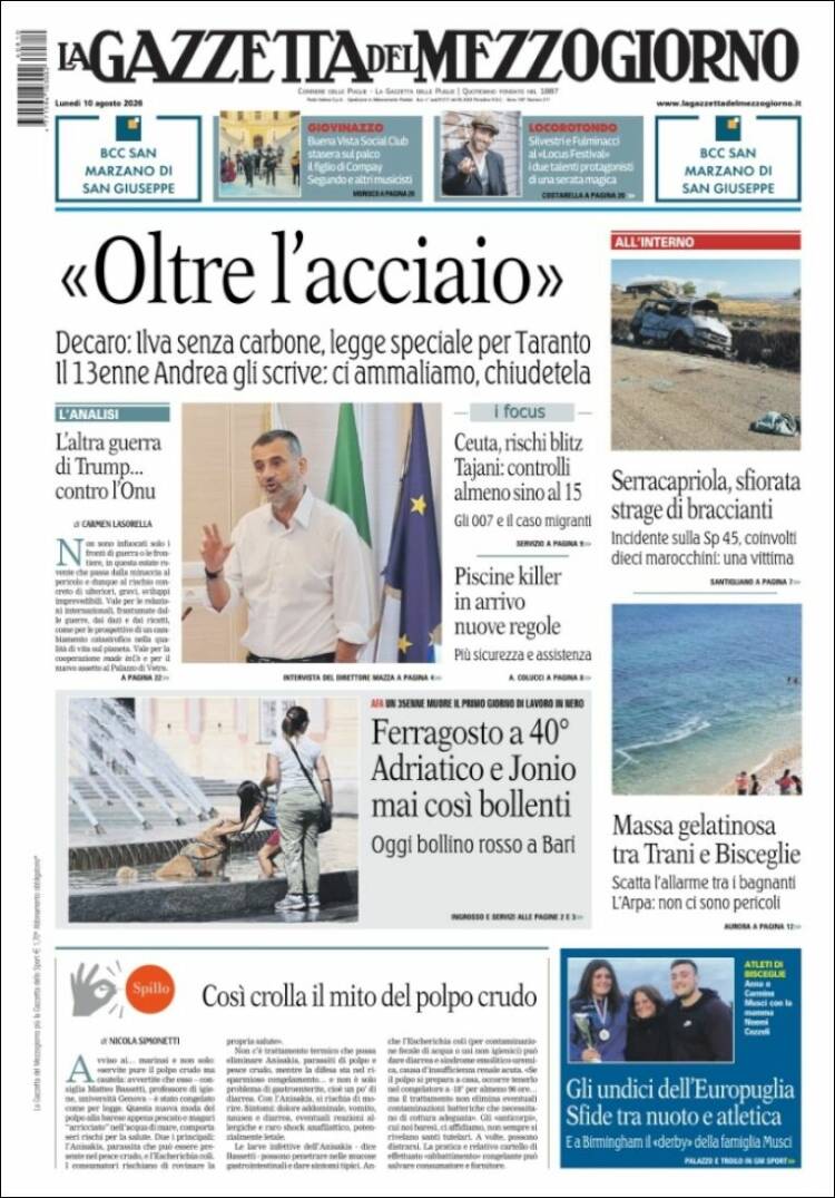 Portada de La Gazzetta del Mezzogiorno (Italia)