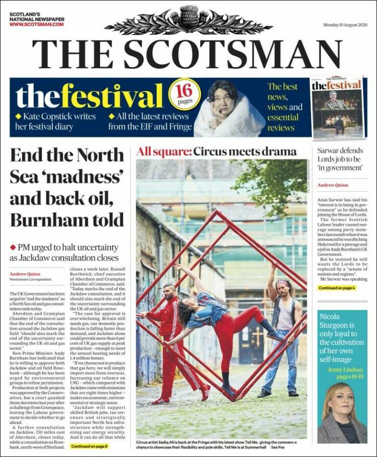 Portada de The Scotsman (Reino Unido)