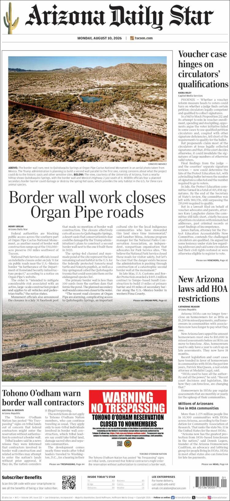 Portada de Arizona Daily Star (USA)