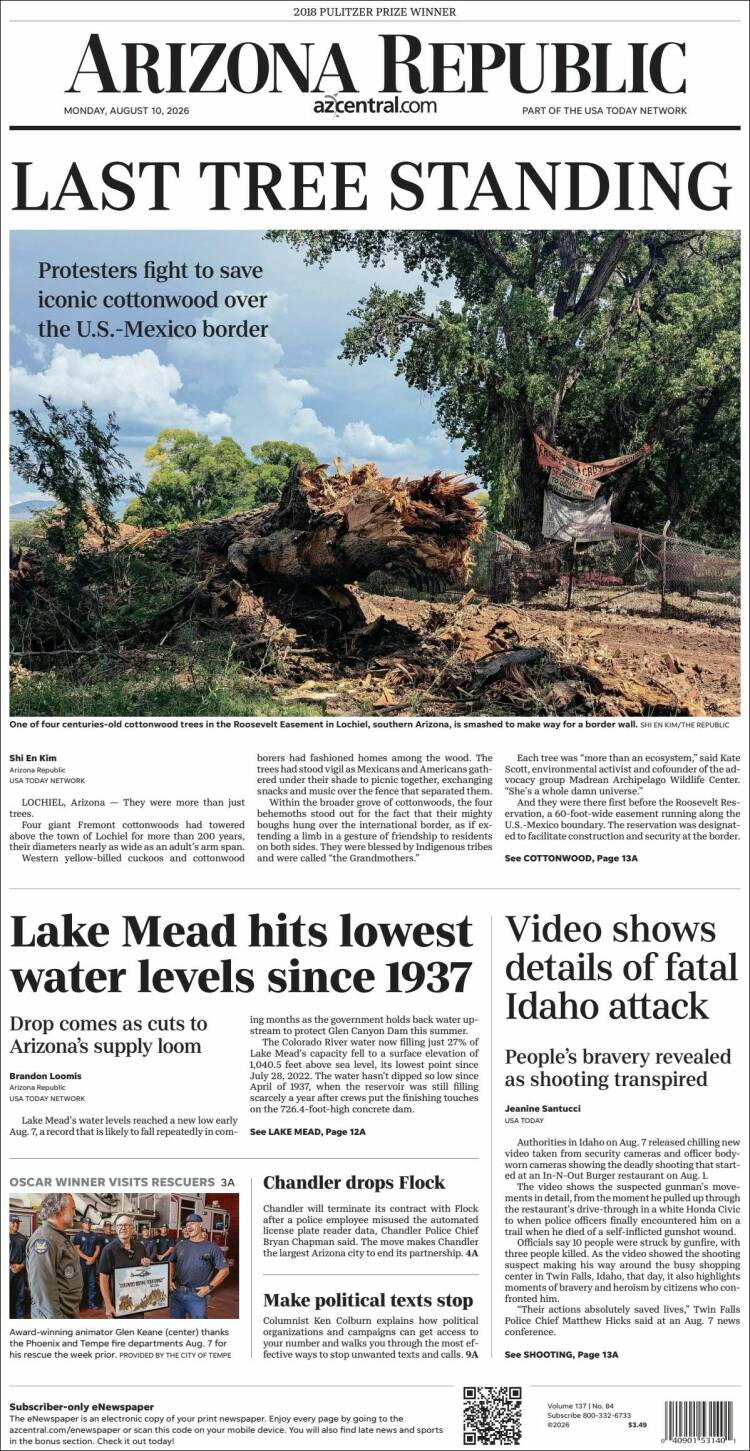 Portada de Arizona Republic News (USA)