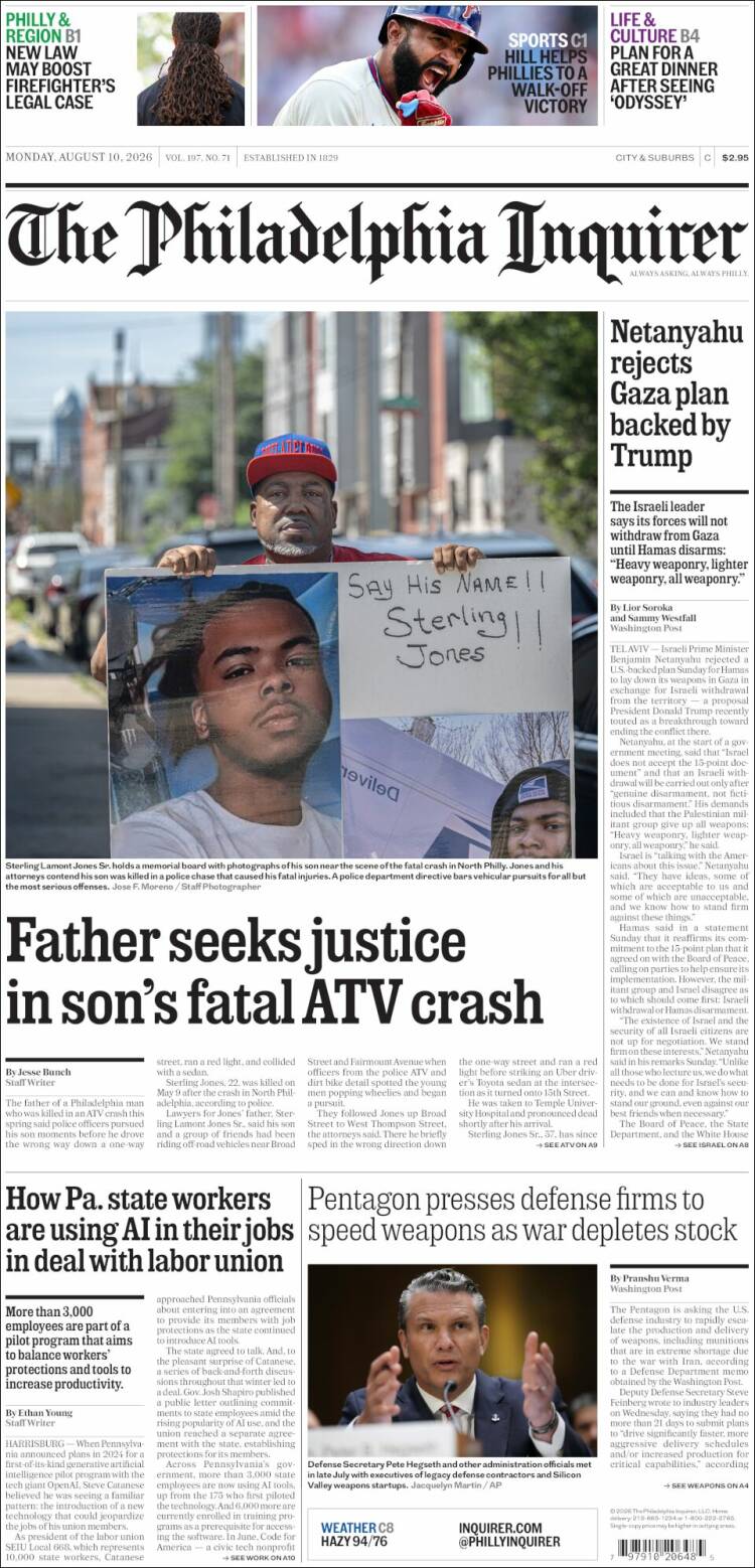 Portada de Philadelphia Inquirer (USA)